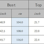 The sizing chart for the Bohemian Rainbow Crochet Cardigan.