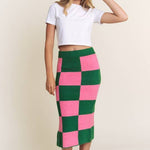 Checkered Knit Midi Skirt - Pink/Green