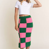 Checkered Knit Midi Skirt - Pink/Green