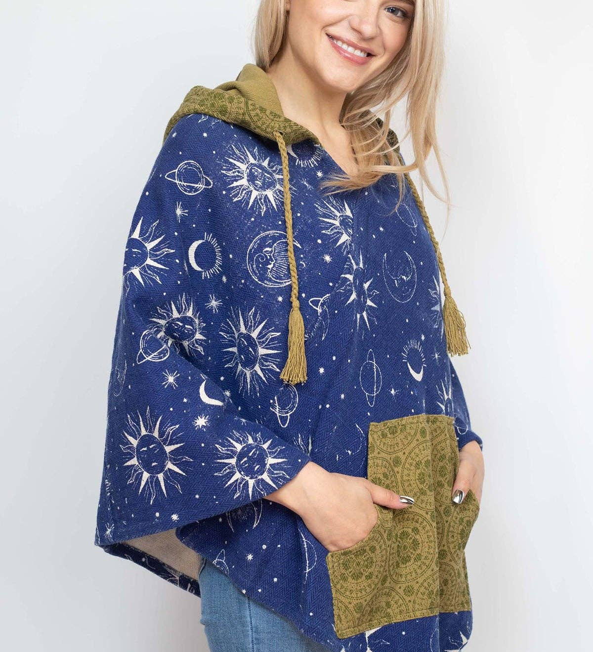 Boho Printed Poncho - Navy