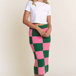 Checkered Knit Midi Skirt - Pink/Green