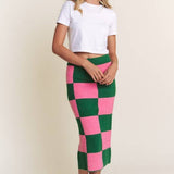 Checkered Knit Midi Skirt - Pink/Green