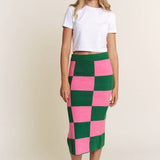 Checkered Knit Midi Skirt - Pink/Green