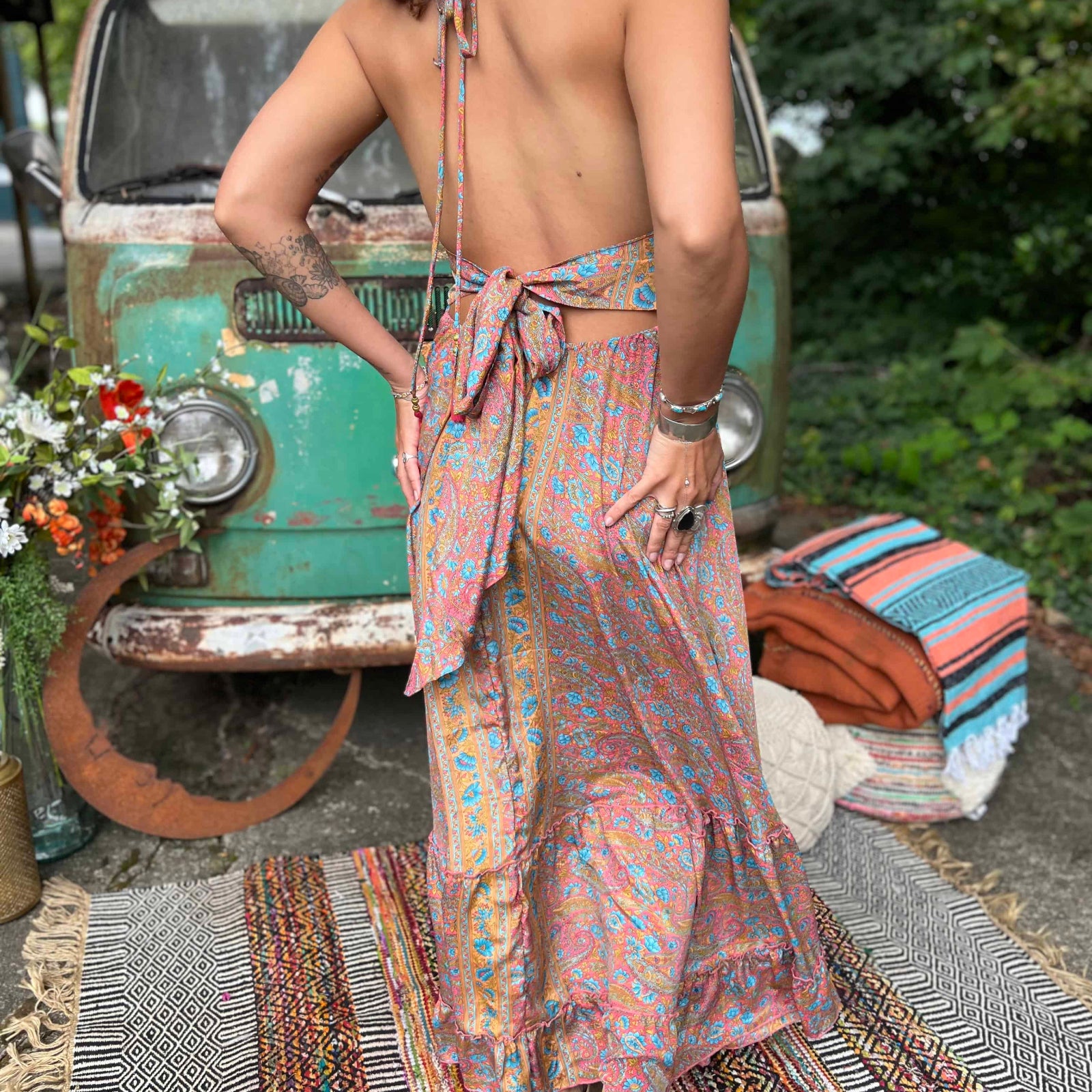 Back view of silk bohemian maxi dress with long bow tie