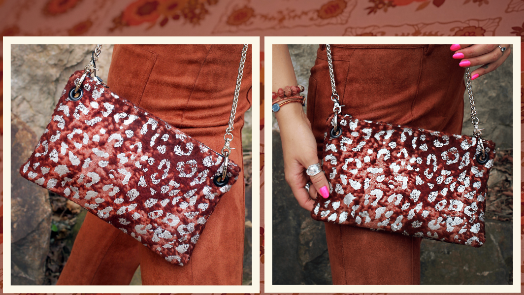 A collage of a leopard print handbag with a person holding it showcasing our boho accessories collection