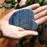 Hand holding a blue lapis lazuli stone heart in front of green leaves