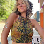 Close-up of hand-dyed organic cotton halter top in earthy tones