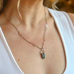 Someone wearing the Labradorite Sterling Silver Celestial Necklace.