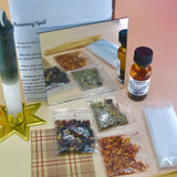The contents of the Send It Back Reversing Spell Kit - Reversing Ritual Kit on a pink and yellow background.