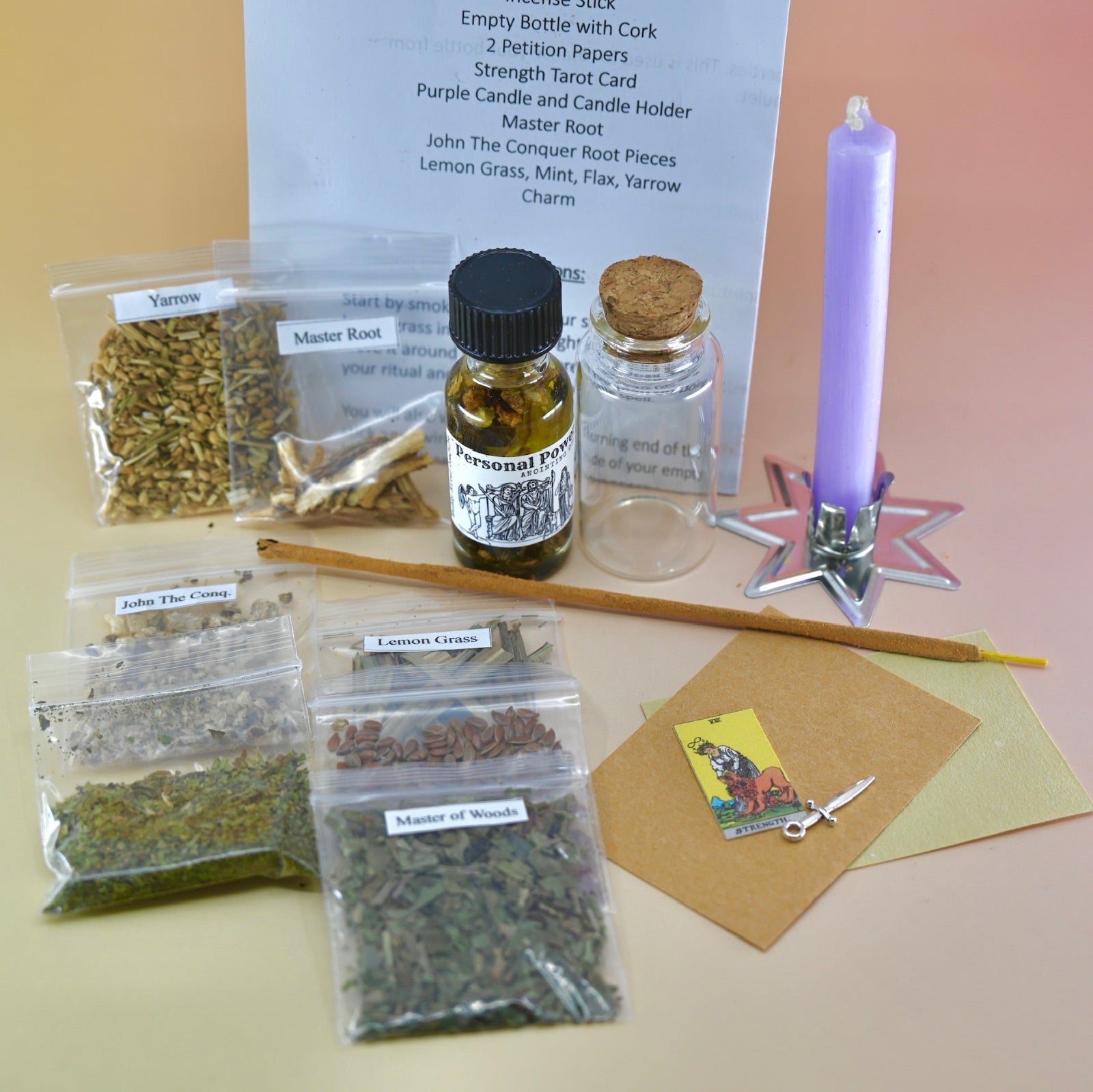 The Personal Power Ritual and Bottle Spell Amulet Kit on a pink and yellow background with all its contents out as well.