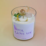 The "Bish, I love you" Candle - Floral and Crystal Candle on a peach-colored background.