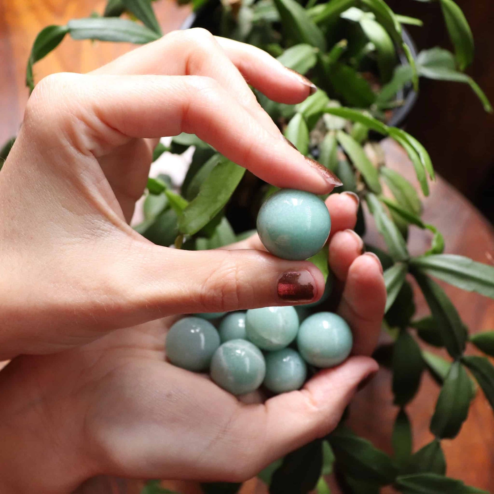 Hand holding a collection of green aventurine balls with a blurred plant background