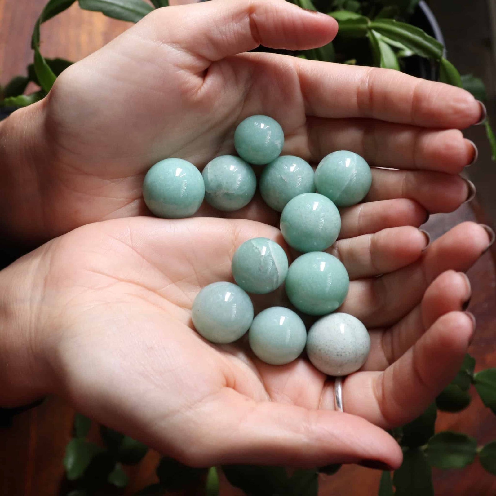 Two hands holding a small pile of light blue-green beads with a blurred plant background.