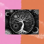 The Black & White Tree of Life Tapestry on a pink and orange background.