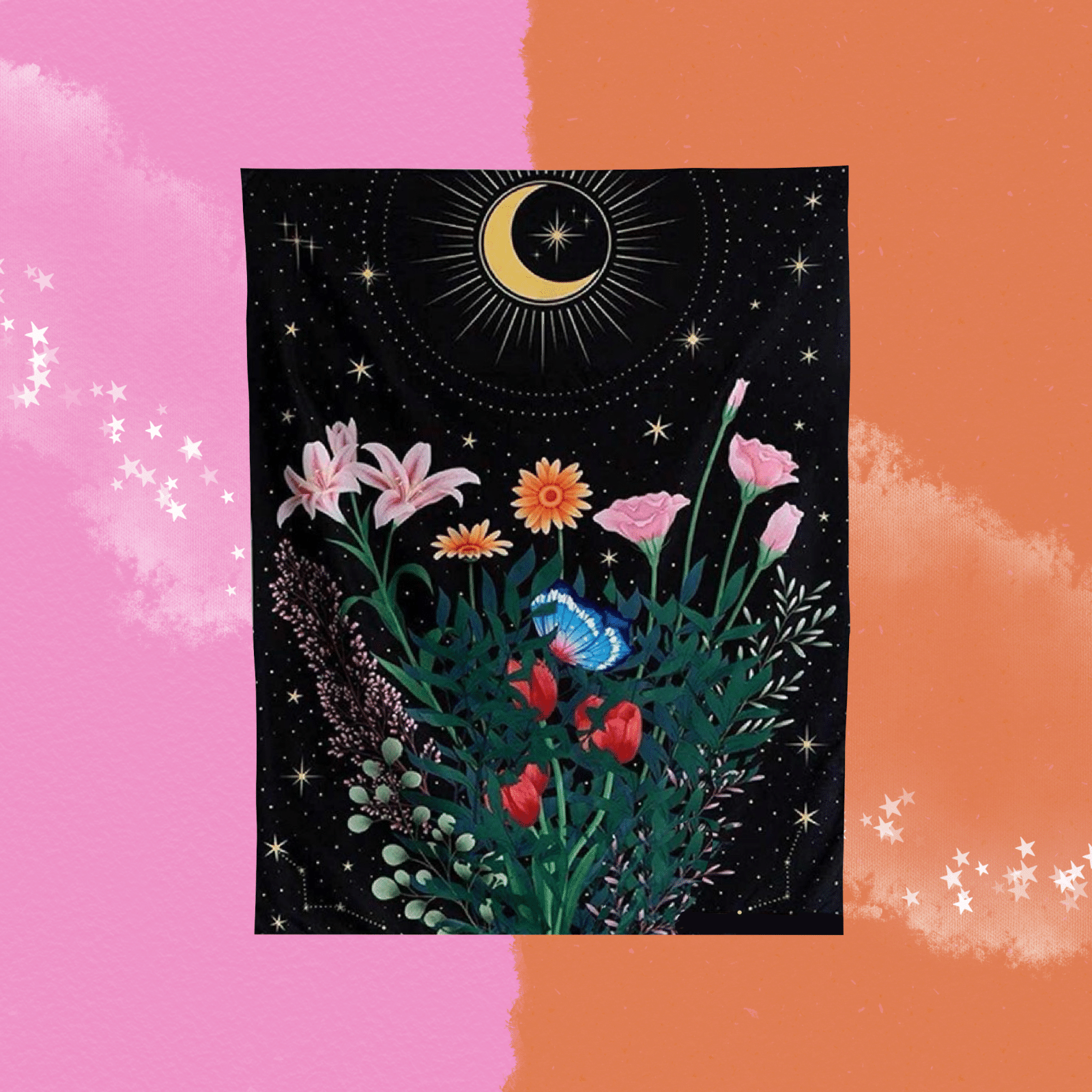 The Nighttime Bouquet Flower Moon Tapestry on a pink and orange background.