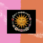 The Natural Radiance Sun Floral Tapestry on a pink and orange background.