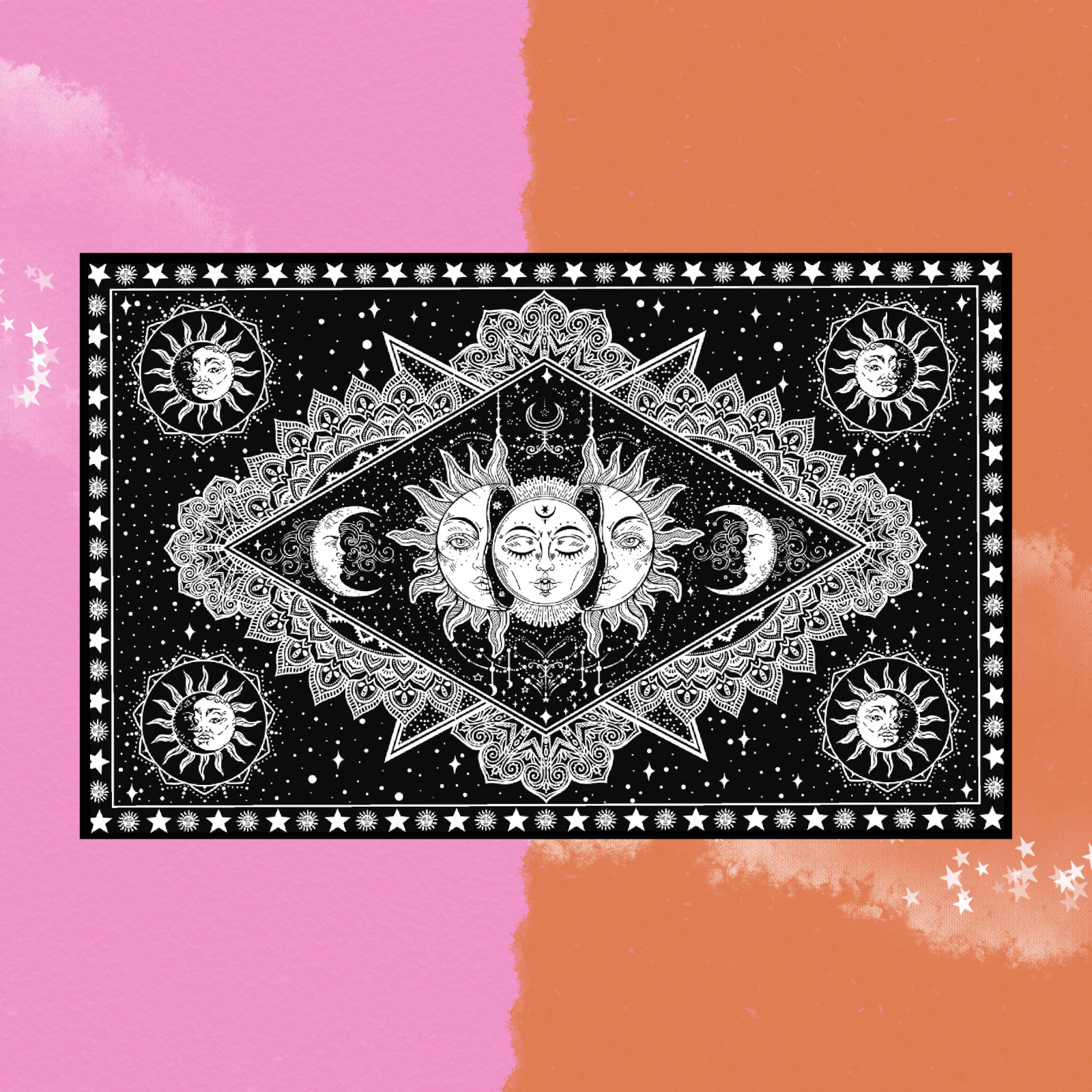 The Black & White Triple Faced Sun and Moon Cotton Tapestry on a pink and orange background.