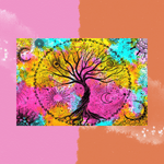 The Multicolor Tie Dye Tree of Life Cotton Tapestry on a pink and orange background.