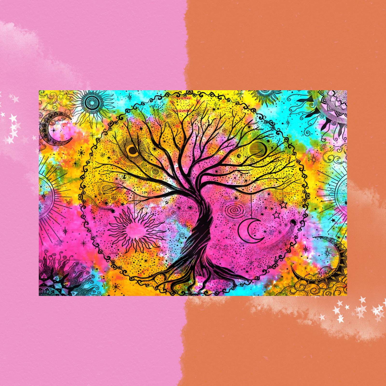 The Multicolor Tie Dye Tree of Life Cotton Tapestry on a pink and orange background.
