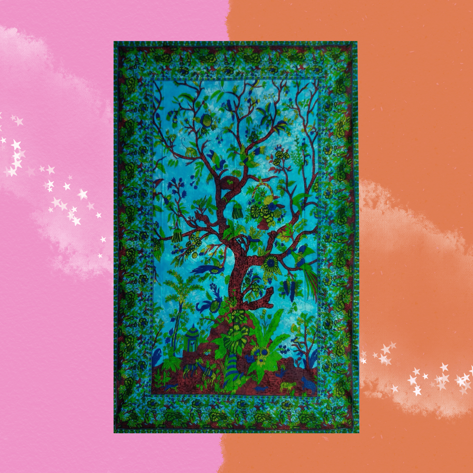 The Queen Turquoise Tree of Life Cotton Tapestry on a pink and orange background.