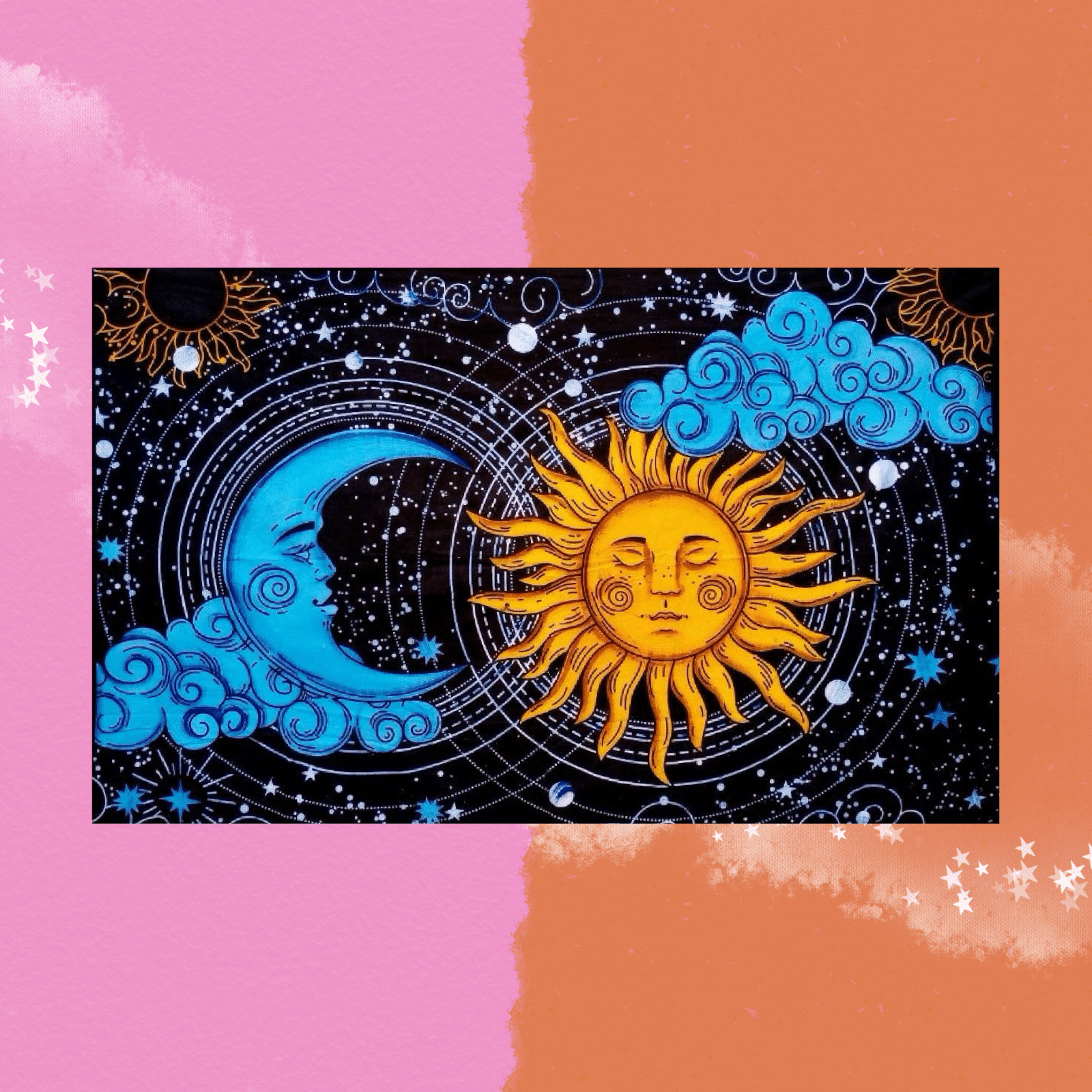 The Sun and Moon Hand Brushed Cotton Tapestry on a pink and orange background.