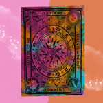 The Live in Present Multi Tie Dye Tapestry on a pink and orange background.