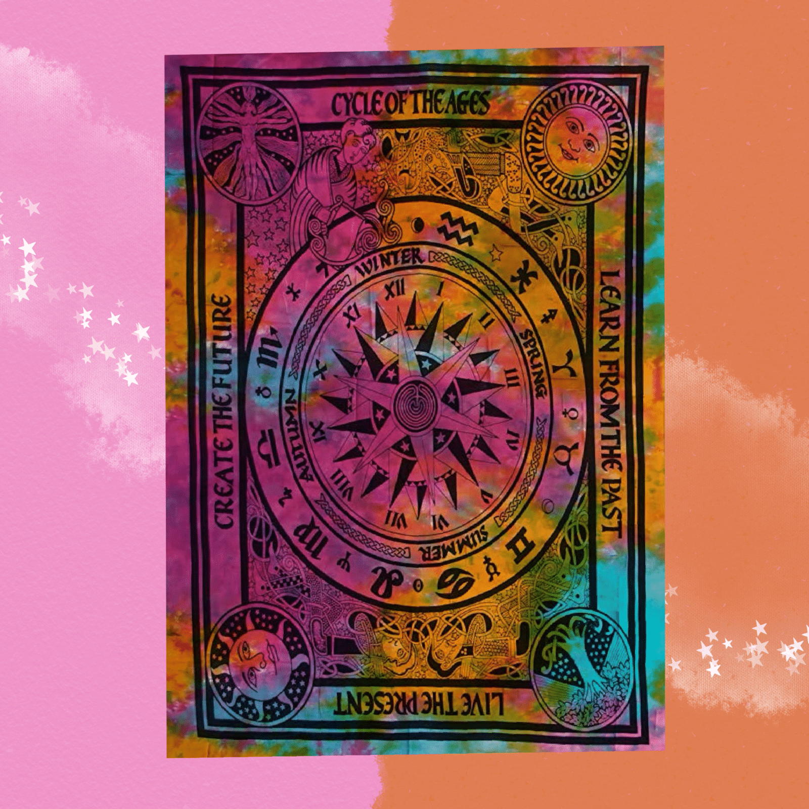 The Live in Present Multi Tie Dye Tapestry on a pink and orange background.