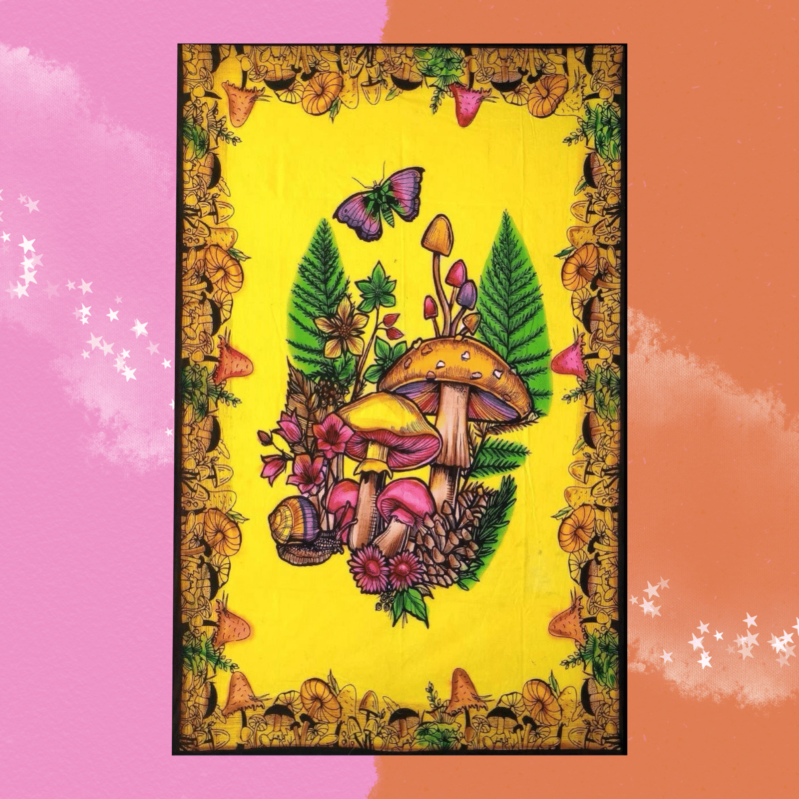 The Hand Brushed Butterfly on Mushroom Gold Cotton Tapestry on a pink and orange background.