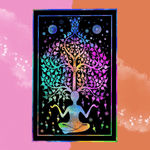 The Yoga Man Tie Dye Cotton Tapestry on a pink and orange background.