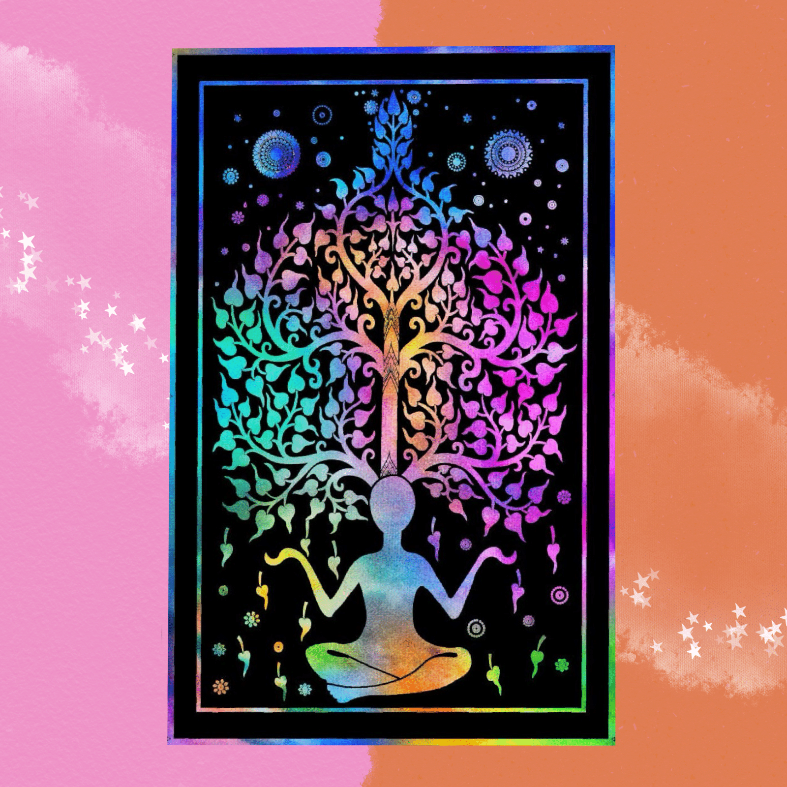 The Yoga Man Tie Dye Cotton Tapestry on a pink and orange background.