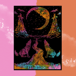 The Tie Dye The Moon Cotton Tapestry on a pink and orange backround.