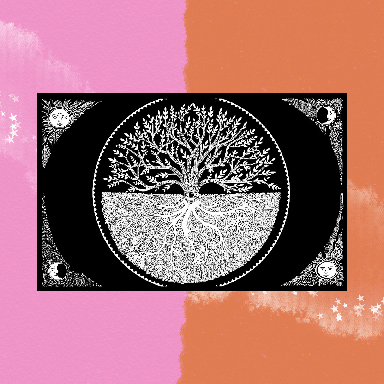 The Sun Moon Black & White Tree of Life Cotton Tapestry on a pink and orange.