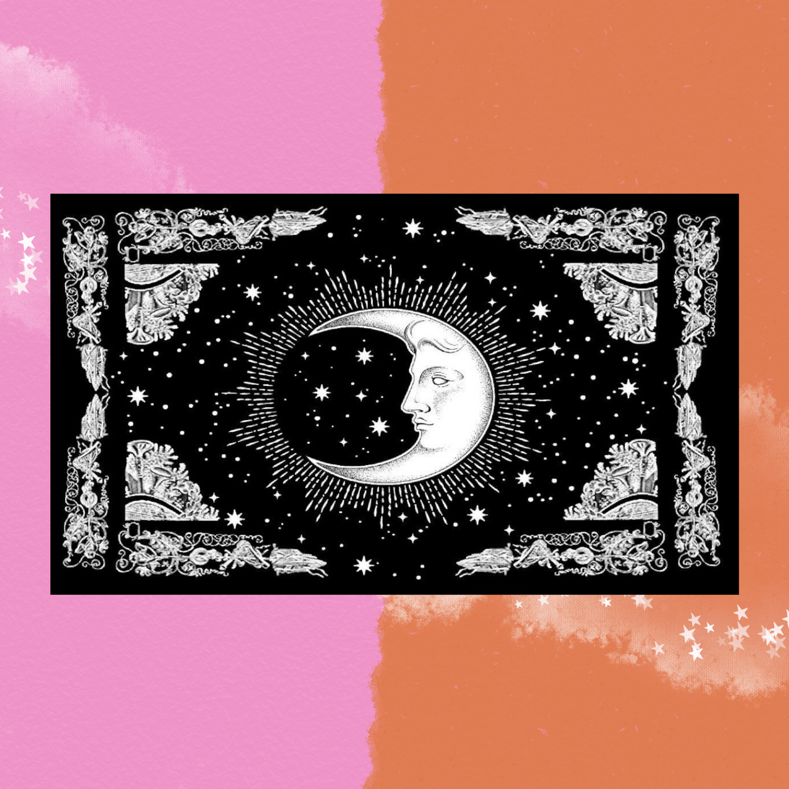 The Black & White Moon Cotton Tapestry on a pink and orange background.