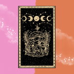 The Golden Moon Phase & Mushroom Cotton Tapestry on a pink and orange background.