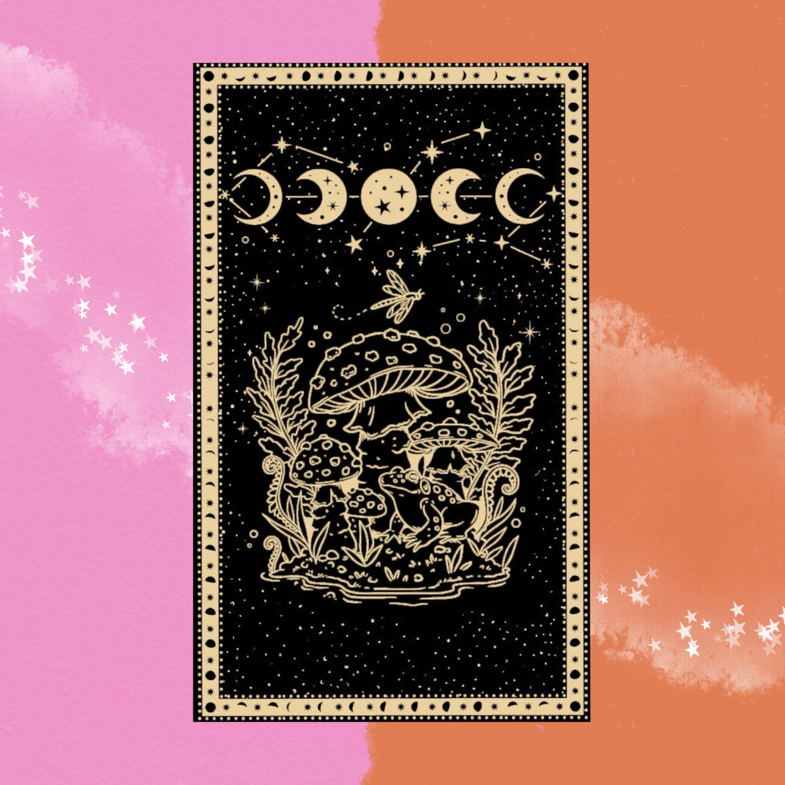 The Golden Moon Phase & Mushroom Cotton Tapestry on a pink and orange background.