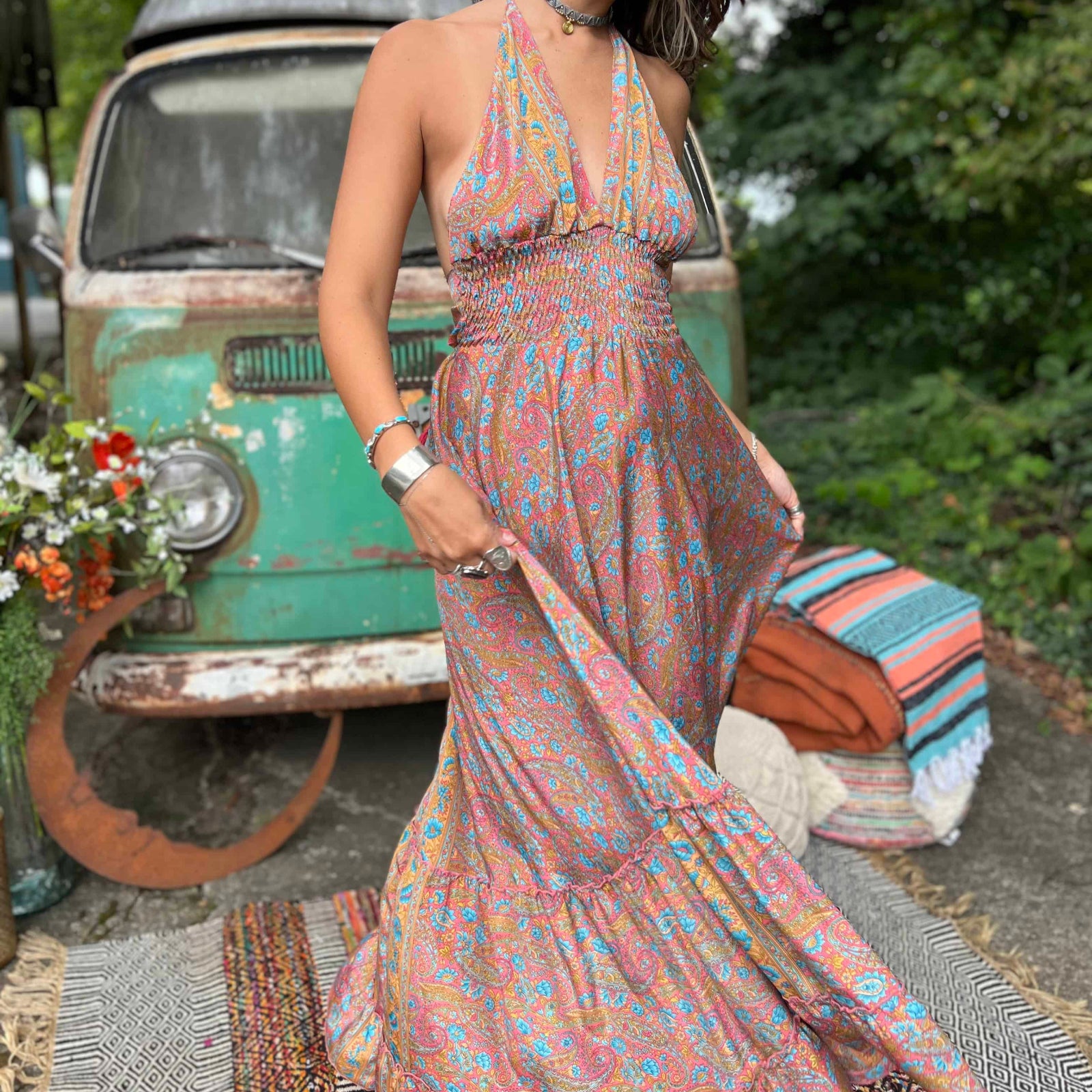 Adjustable silk boho maxi dress with elastic waist and bow tie