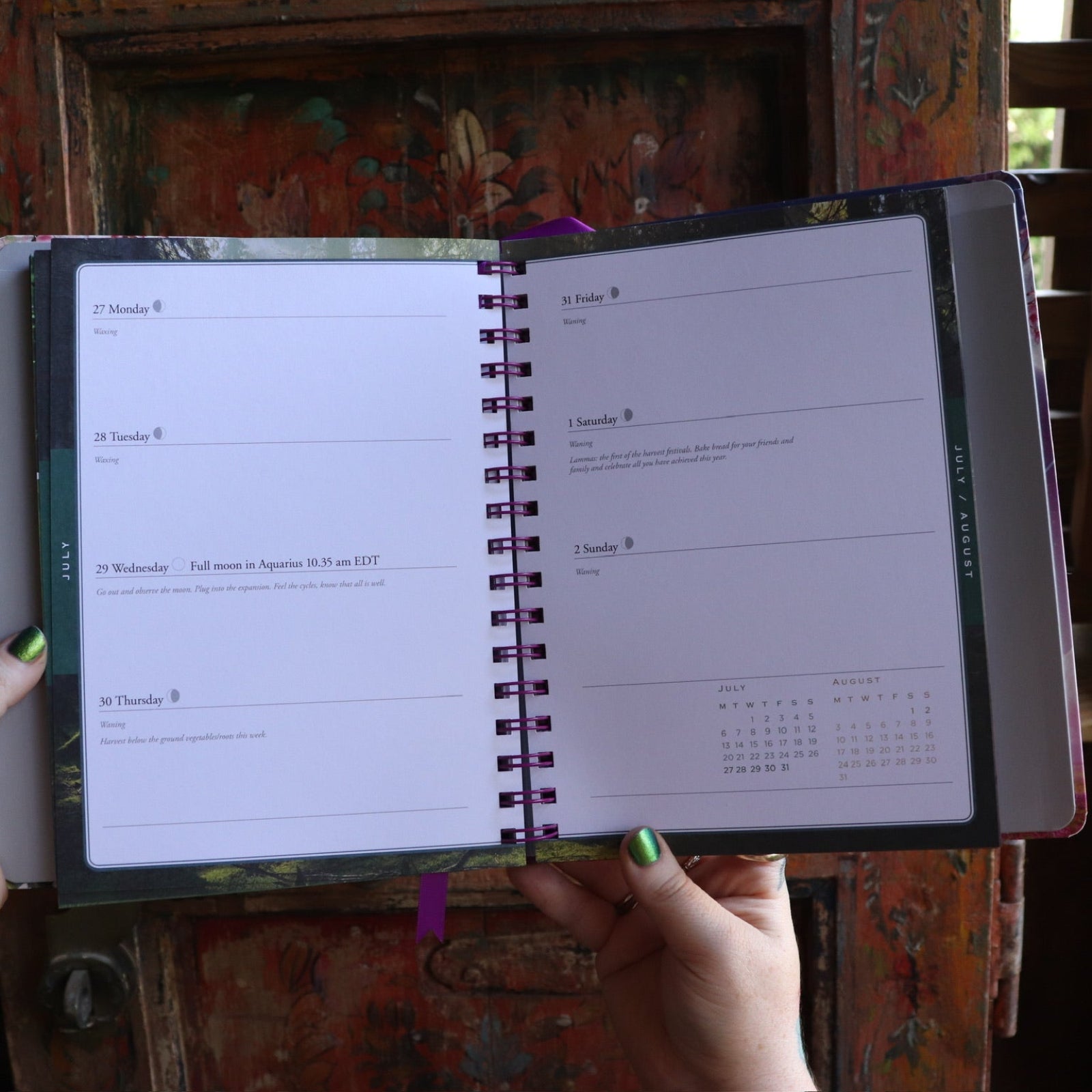 Someone holding the 2026 Lunar and Seasonal Northern Hemisphere Planner Calendar open in front of a wooden door, showing off the pages.