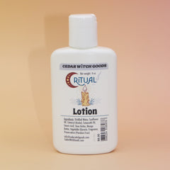 The Ritual Body 4 oz Lotion on a pink and yellow background.