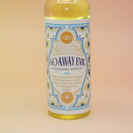 An up-close image of the Go Away Evil Spiritual Cleansing Water 7.5 oz on a pink and yellow background.