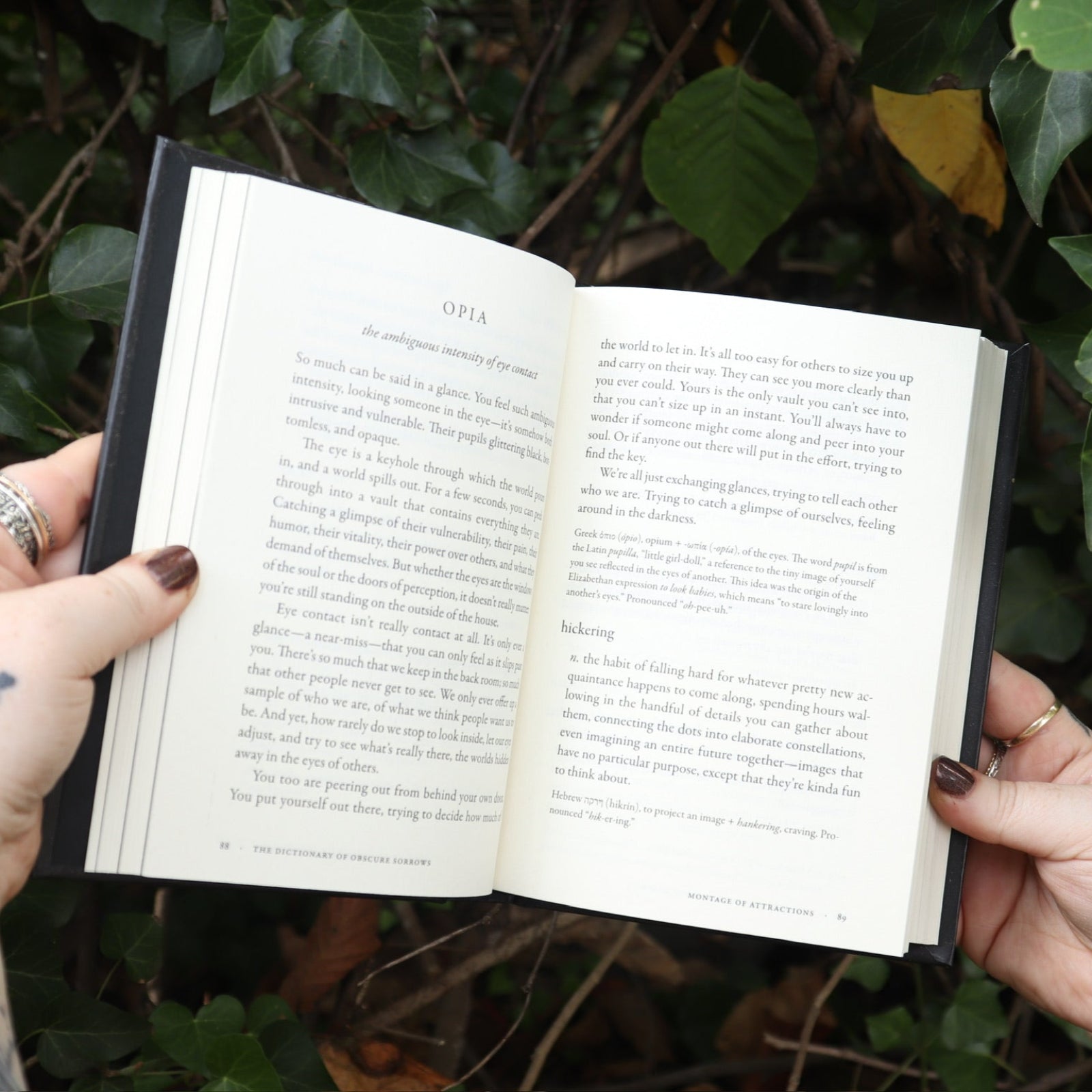 Someone holding the Dictionary of Obscure Sorrows Hardcover Book open in front of a green bush, showing off the pages.