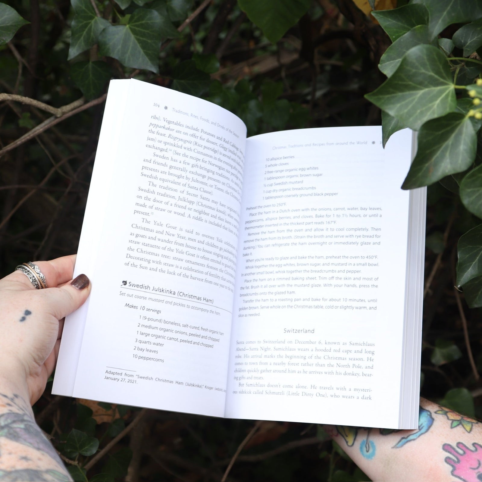 Someone holding the Sacred Herbs of Yule and Christmas open in front of a green bush, showing off the pages.