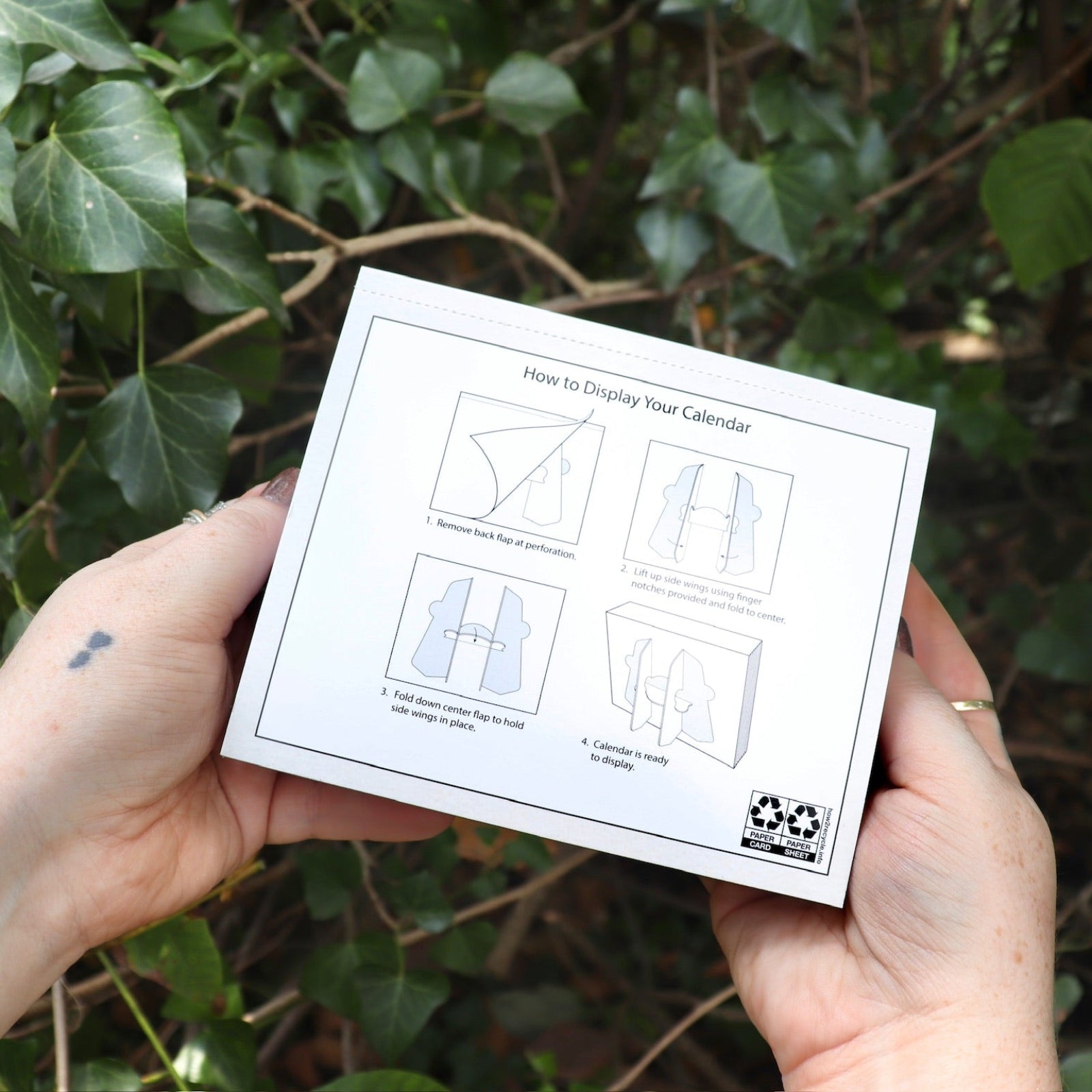 Someone holding the Effin' Birds 2026 Day-to-Day Calendar in front of a green bush.