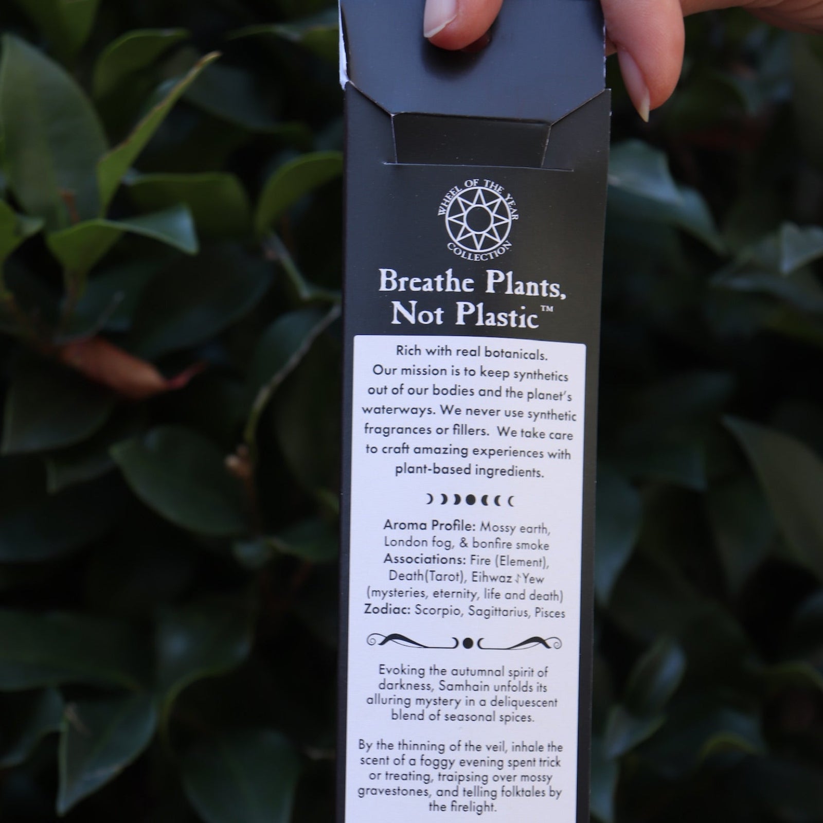 Someone holding the Samhain Premium Incense in front of greenery, showing off the back.