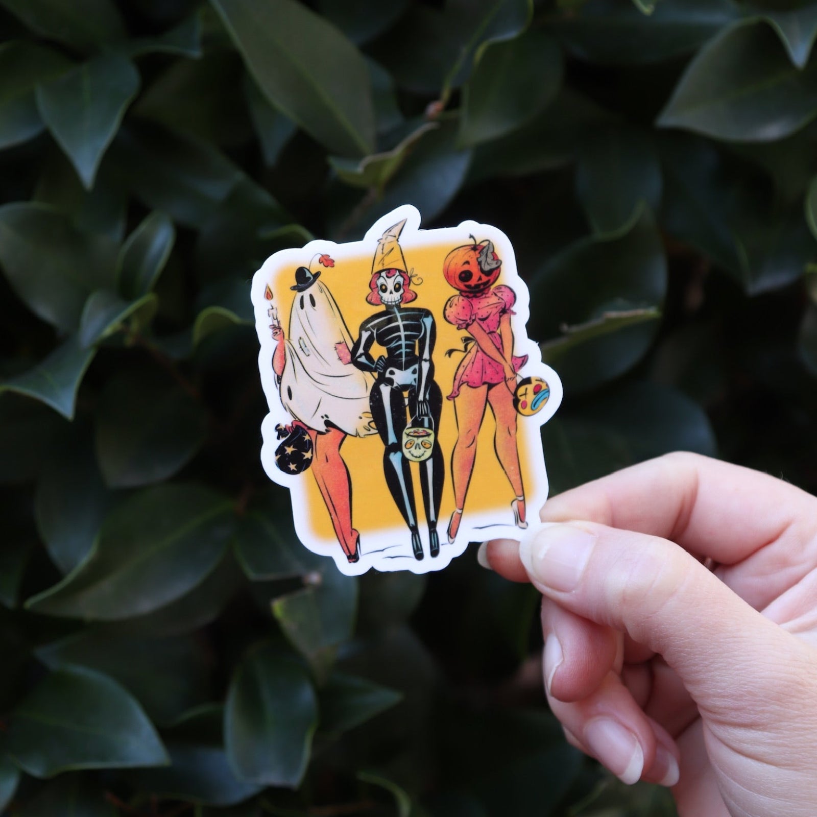 Someone holding the Vintage Halloween Sticker in front of a green bush.