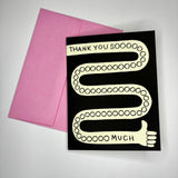 The Thanks Soooo Much Greeting Card on a gray background.