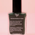 The Regeneration Nail Polish with Micronized Bloodstone on a pink background.