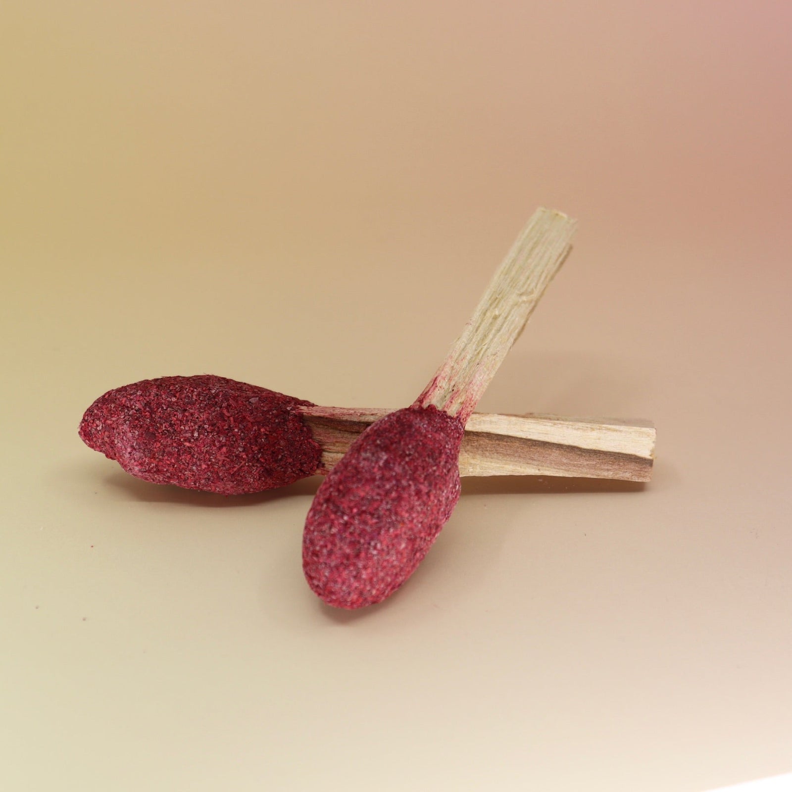 Two of the Dragon's Blood and Palo Santo Pops - 3"-4" Smudge Sticks on a pink and yellow background.
