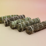 Bundles of sage on a pink and yellow background.