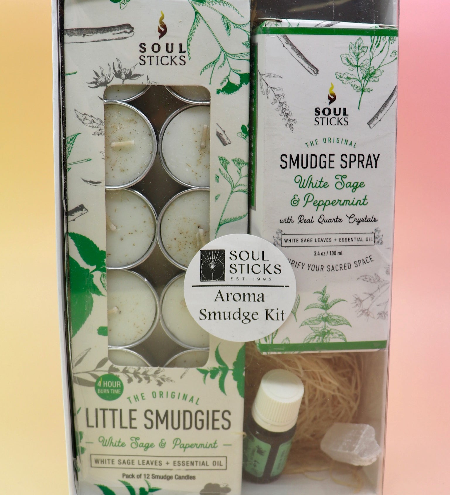 The Peppermint Aroma Smudge Kit on a pink and yellow background.