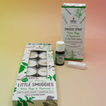 The contents of the Peppermint Aroma Smudge Kit on a pink and yellow background.